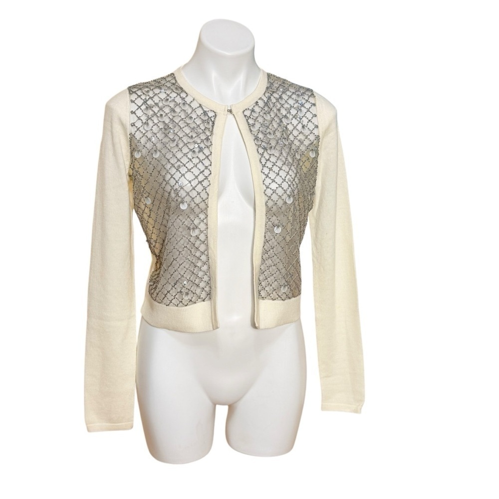 Elie Tahari Cream Cardigan Sweater with Silver Beading Size XS